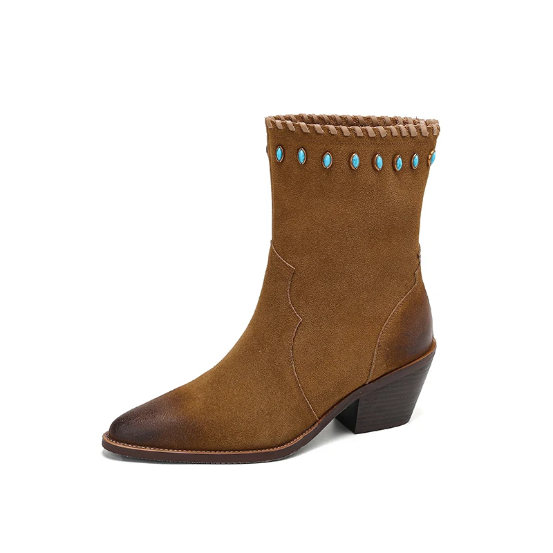 

Women Genuine Leather Pointed Toe Ruched Cat Eye Stone Western Cowboy Ankle Boots