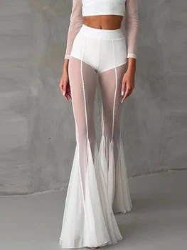 Women Pleated Elastic High Waist Fashion Evening Party Trousers See Through Mesh Pleated Flare Pants 2025 Summer Gown Chic Pants