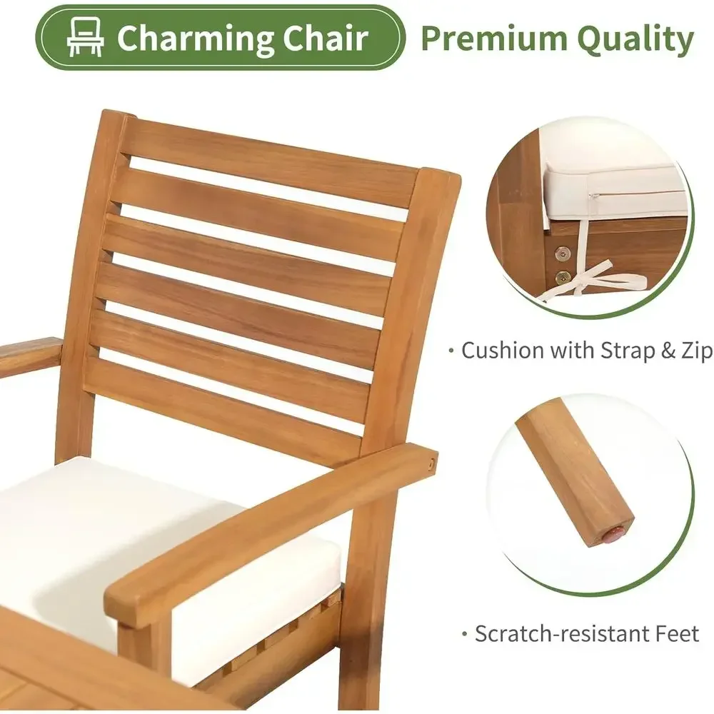 Acacia Wood Outdoor Dining Set with 6 Stackable Chairs and Removable White Cushions