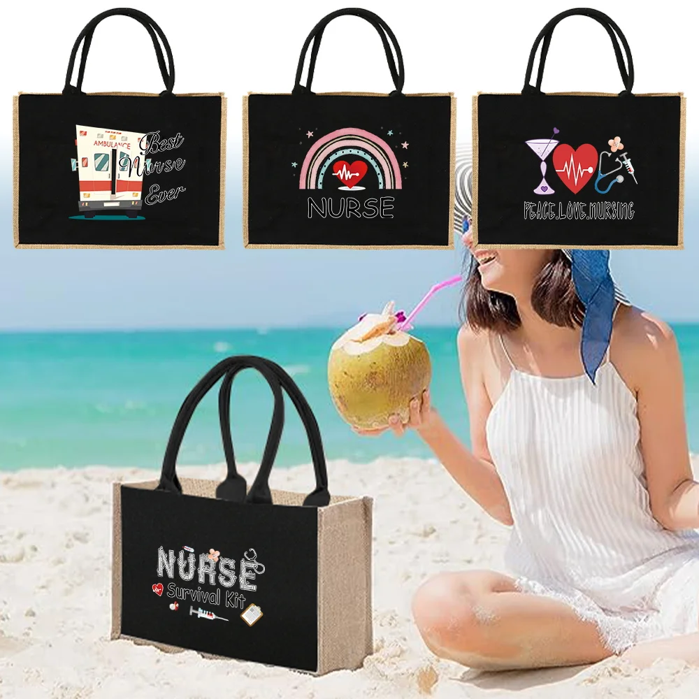 Shoulder Bag Women Travel Storage Jute Imitation Sacks Linen Bags Picnic Bag Shopping Pouch Handbag Laminated Nurse Theme Pack