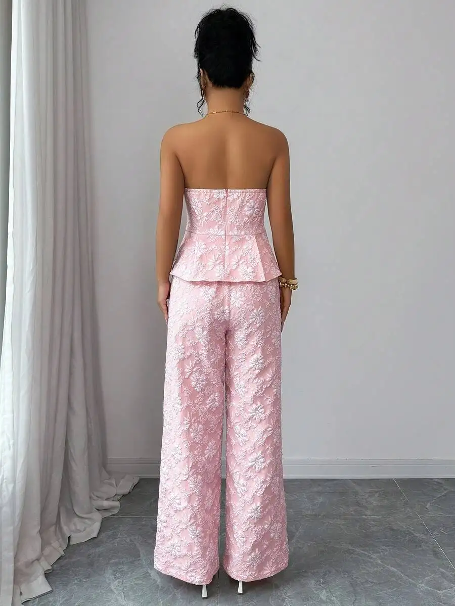 

Floral Jacquard Camisole Top And Wide Leg Pants Pink 2 Piece Set