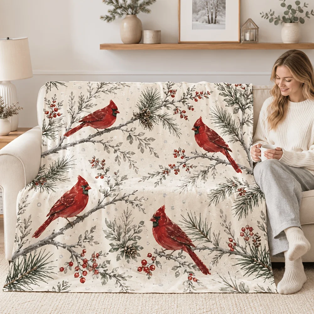 Christmas Cardinal Flannel Blanket Pine Branch Berry Winter Bird Throw Blanket for Sofa Bed Couch Bedroom Living Room Holiday Home Decor Seasonal Gift Cozy Nap Blanket Office Travel Woodland Bedding Farmhouse Christmas Gift Winter Room Accent