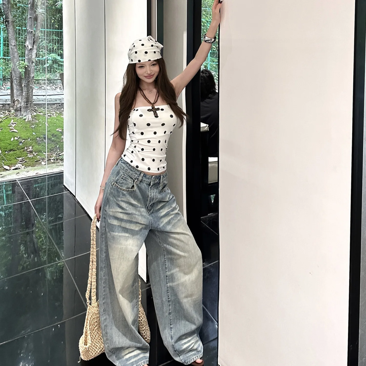 

Summer 2026 Women's High Waist Straight Leg Jeans Loose Wide Leg Denim Pants Vintage Style Slimming Trendy Korean Fashion