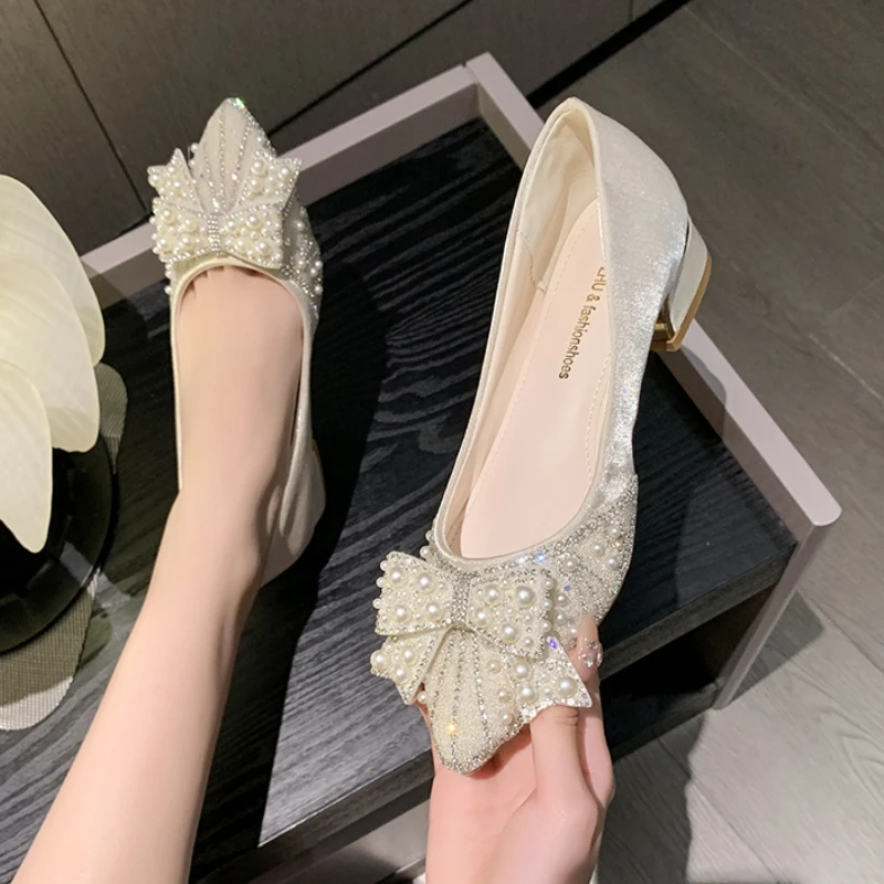 Women's Single Shoes Summer New Low Heel Pointed Pearl Bow Oxford Shoes Casual Fashion Raised Square with Bridesmaid Shoes