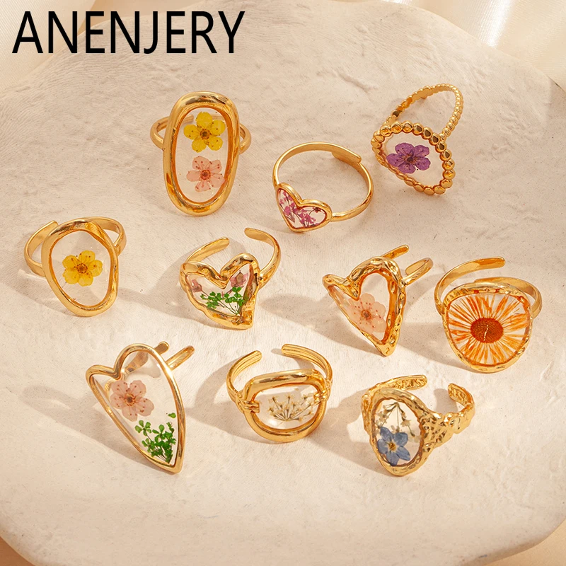 ANENJERY 316L Stainless Steel Heart Oval Inlaid Immortal Flower Open Ring For Women New Trend Fashion Niche Design Jewelry Gifts