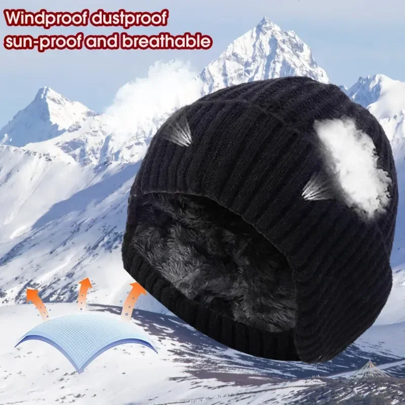Outdoor Men Winter Knitted Hat Plush Warmth Peaked Cap Earmuff Casual Fashion Faux Fur Lined Hooded Hats Cycling Ear Protection