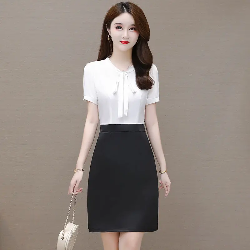 Sommer neue frauen V-ausschnitt kurzarm körper temperament bleistift kleid professionelle frauen reine farbe Gefälschte zwei-stück set kleid