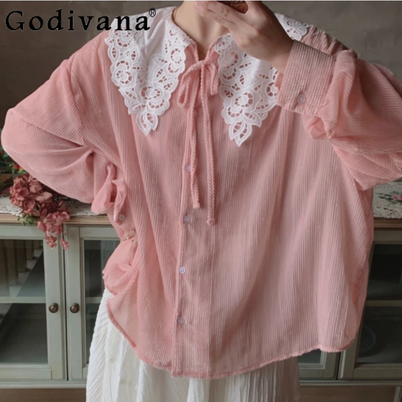 

Spring Autumn Winter Japanese Sweet Lace Peter Pan Collar Shirt Cute Girl Loose Long Sleeve Fashion Thin Velvet Lolita Pink Top