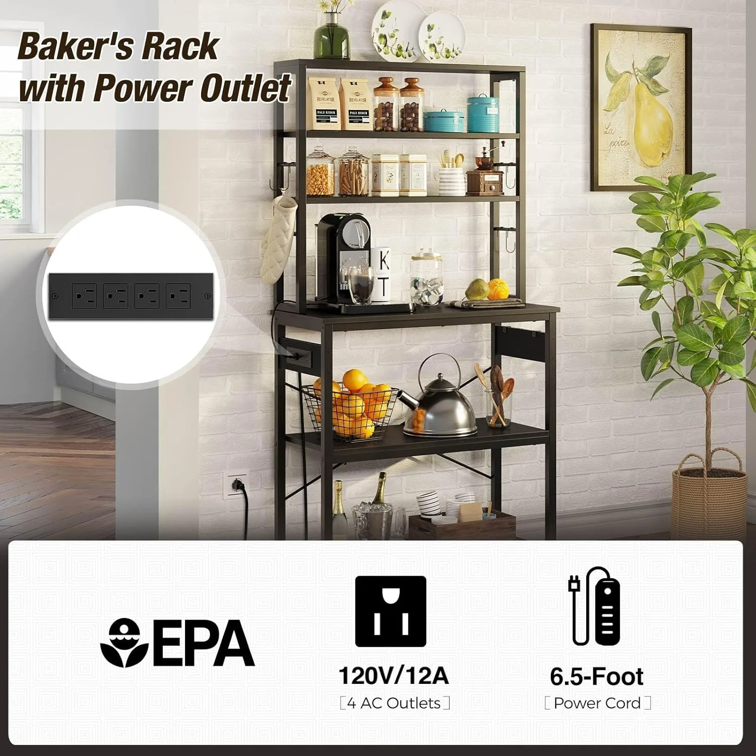 Baker's Rack with 4AC Power Outlet, 59.1in Stand with 10 Hooks, Stable Coffee Bar Table, 6-Tier Kitchen Storage Shelf Rack