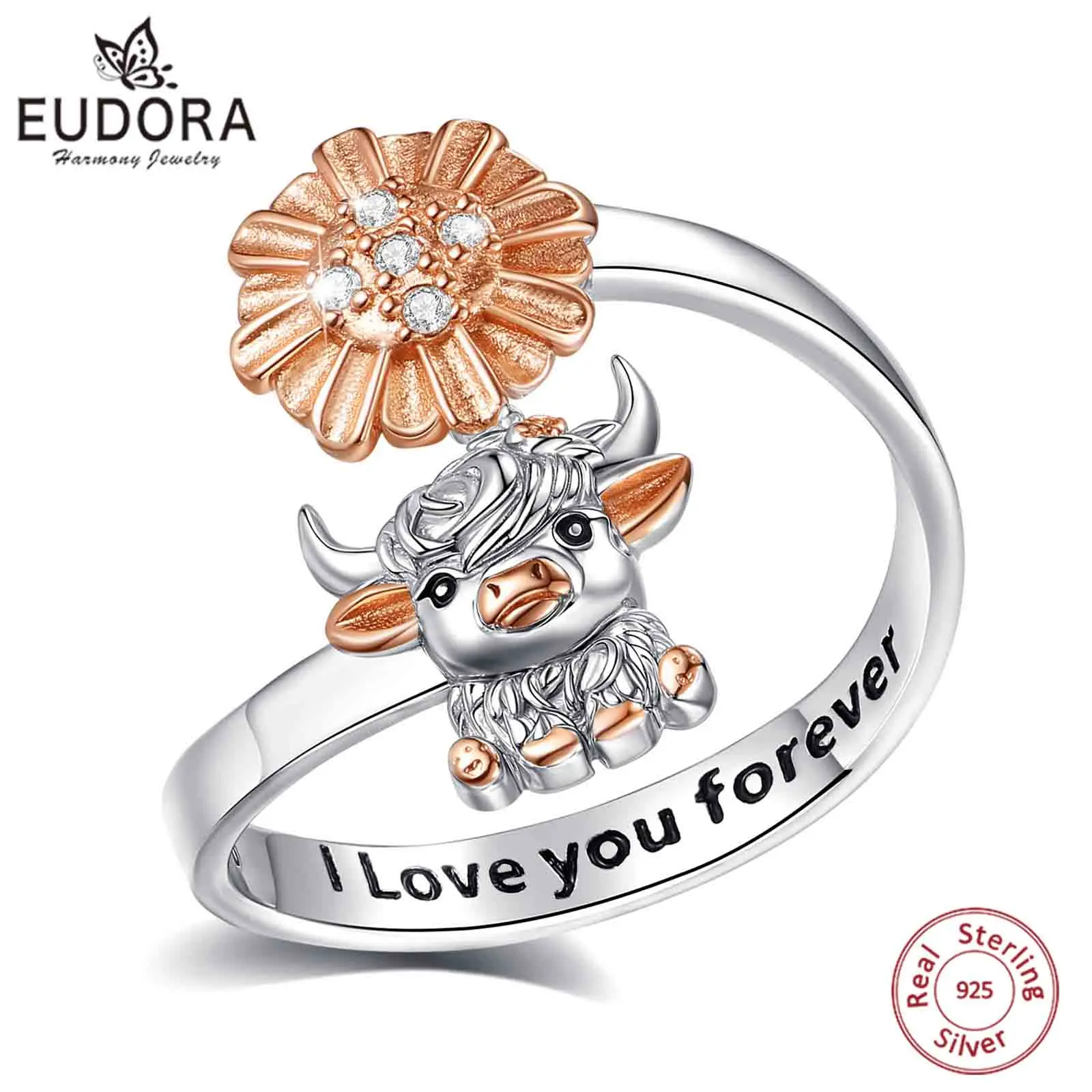 

Eudora стерлингового серебра 925 пробы, регулируемое кольцо с горной коровой, цветок, циркон, открытое кольцо, ювелирные изделия с животными, духовный подарок для мамы и дочки