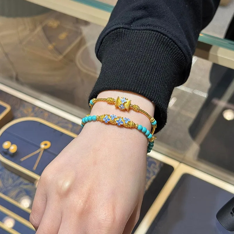 Chinese Style Lucky Artificial Turquoise Blue And White Bracelet Gold Plated Enamel Flower Transfer Bead Bracelet Light Luxury