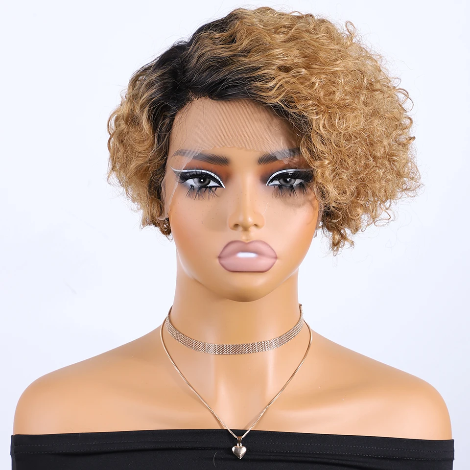 Lekker Ombre Blonde Short Pixie Curly Bob Lace Front 100% Human Hair Wigs For Women Glueless Brazilian Remy Hair Side Part Wigs