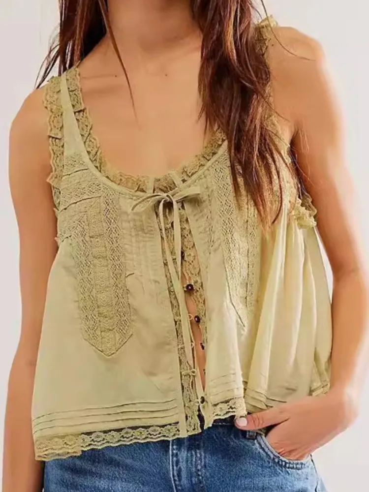 

Женские сексуальные укороченные топы без рукавов в стиле бохо, свободного кроя, с кружевными вставками, в стиле хиппи, на пуговицах, летние майки-футболки, женская одежда