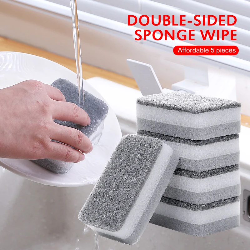 5pcs Double-sided Cleaning Sponges Pan Pot Cleaning and Maintenance Washing Sponges Household Scouring Pad Kit Tools Brush