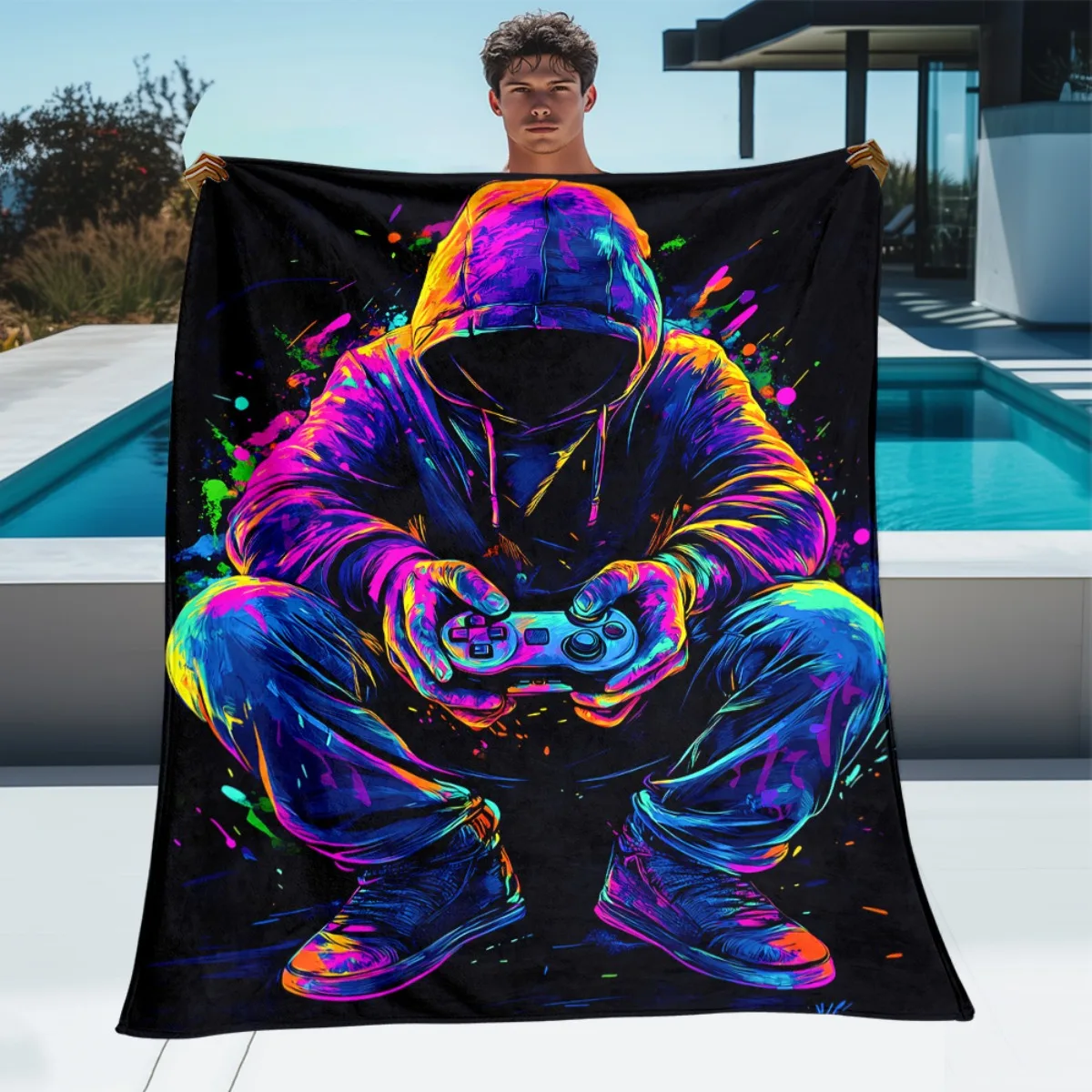 1pc Hooded Figure with Game Controller Blanket, Lightweight Digital Printed Flannel Blanket, Soft Warm Bedding for Sofa, Bed, Tr