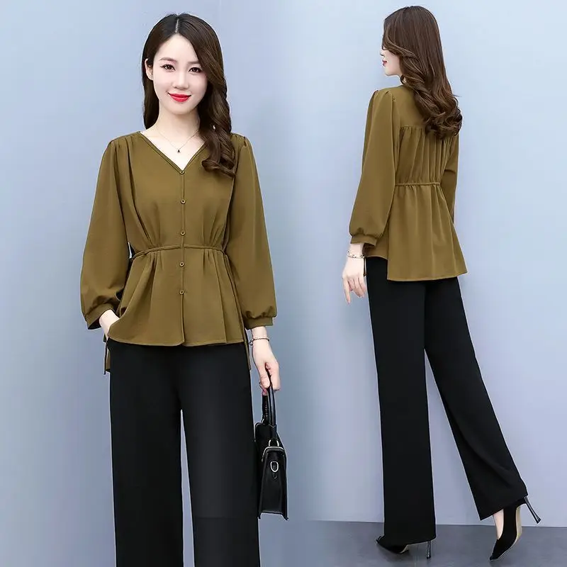 Ensemble de pantalons coréens pour femmes, col en V décontracté, plis à la taille, laçage, pantalons féminins minces, tenues solides, nouvelle mode, printemps, 2024, 2 pièces