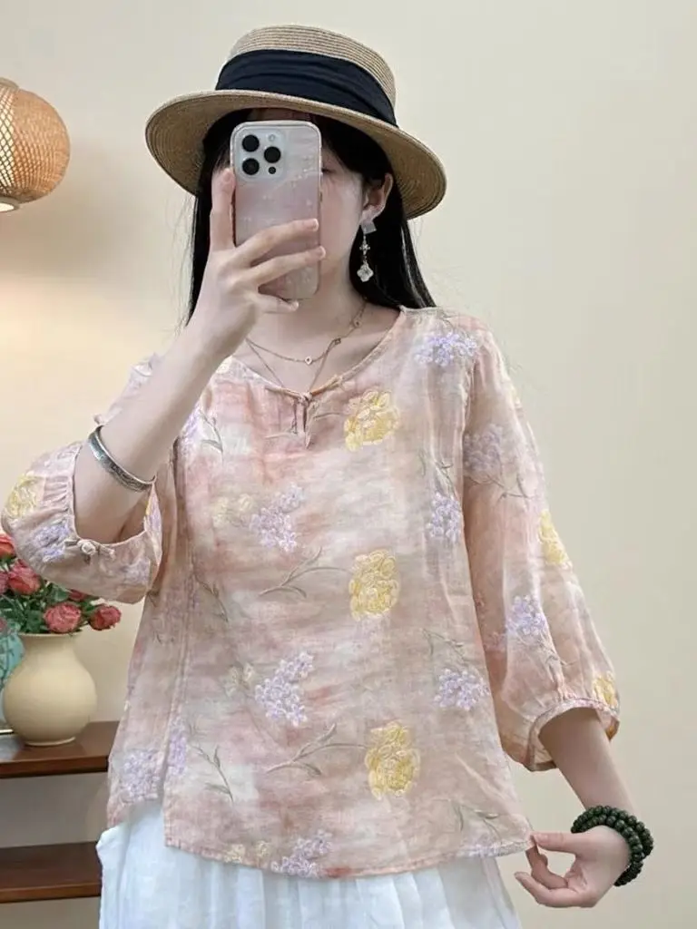 

Pure Flax Embroidered round Ne irt Traditional Chinese Sle Tea Clothing Casual Loose Fit ort Sve Women's Top