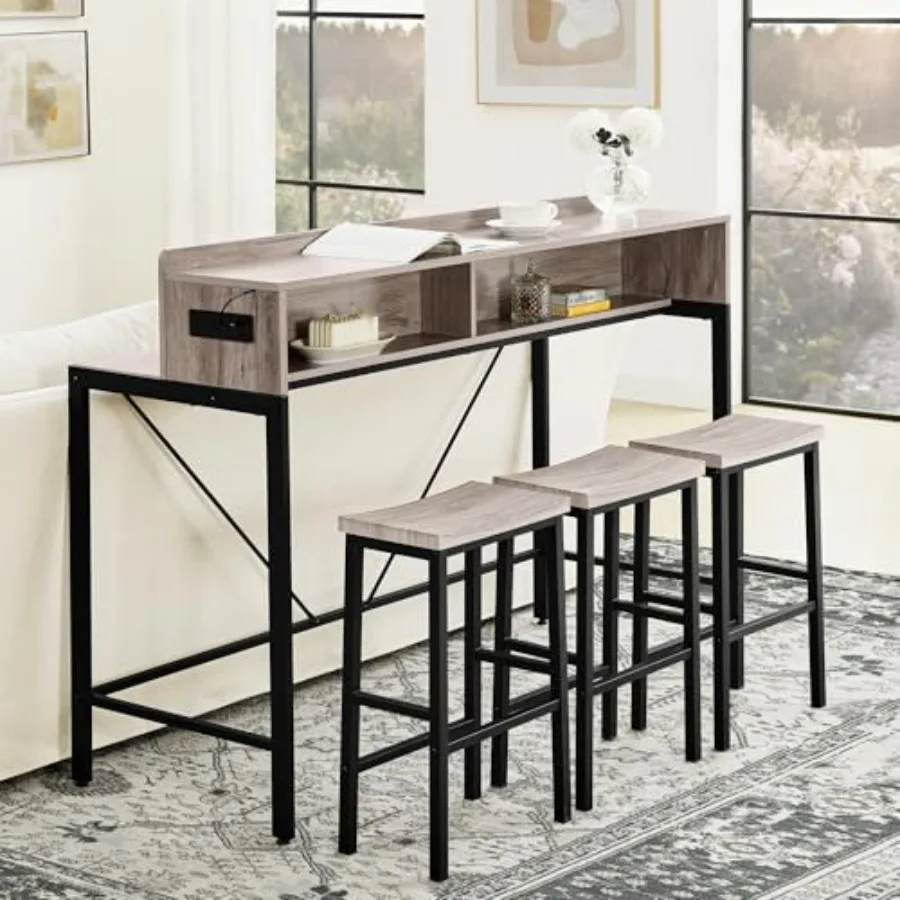 

4 Piece Bar Table Set with Power Outlet and LED Lights 59" Counter Height Behind Couch Sofa Table with 3 Saddle Stools Industri