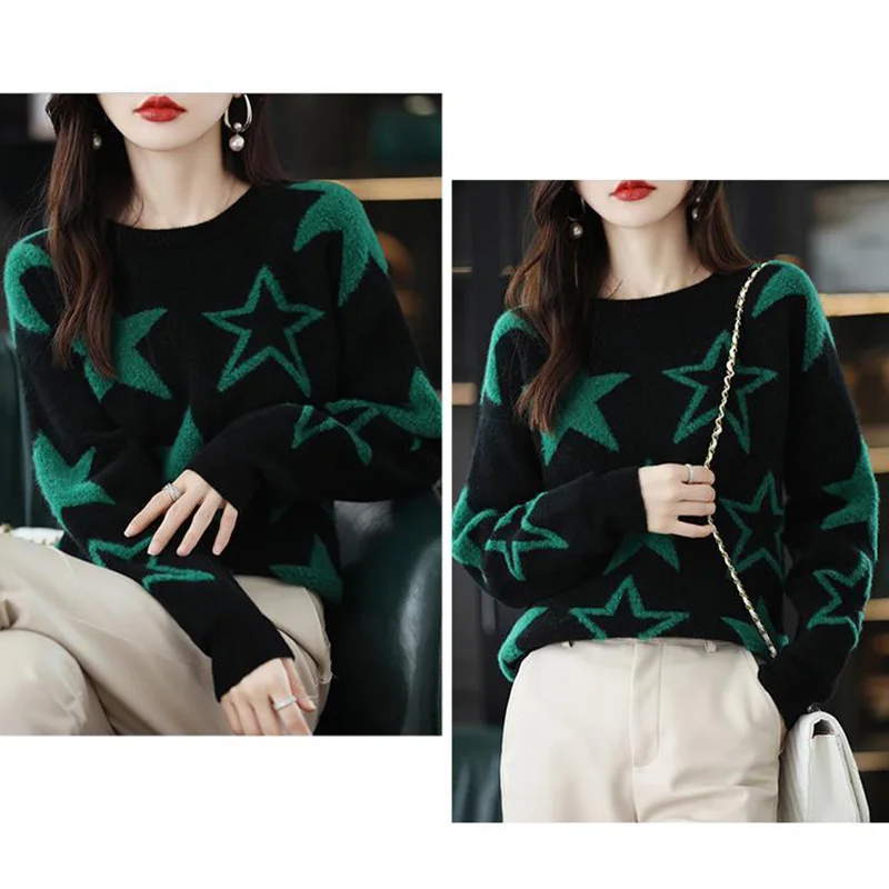 Autumn and Winter New Five Point Star O-Neck Pullover Bottom Sweater Women's Loose and Lazy Style Thickened Long Sleeve Knit Top