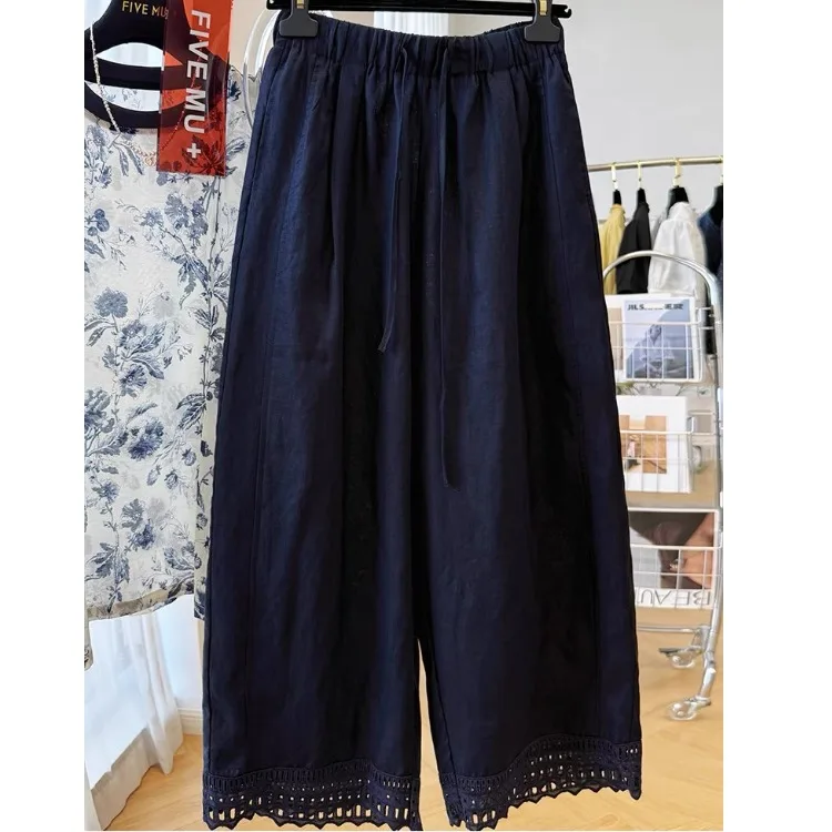 กางเกงลำลองเอวยางยืดผ้าฝ้ายลินินสำหรับผู้หญิง แต่งผ้าไหมลูกไม้ ทรงหลวม ขาตรง ขากว้าง ความยาวเก้าส่วน สีน้ำเงิน ผ้าบาง