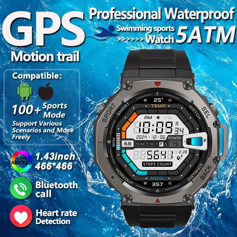 

2025 NEW GPS Smartwatch 5ATM Really Waterproof 1.43" AMOLED Screen Compass Barometric Altimeter Voice Calling SmartWatch for Men