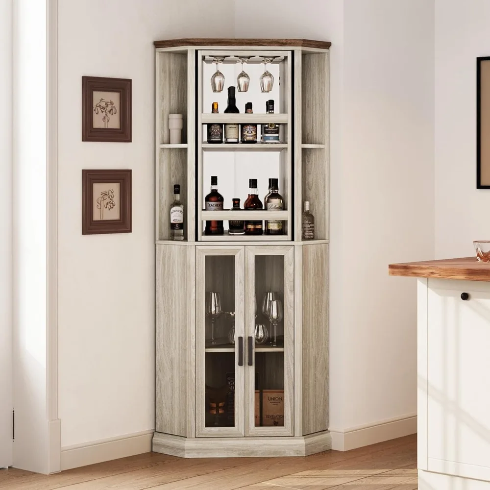 Corner Bar Cabinet, 68.5" Tall Farmhouse Wine Cabinet with Rotating Liquor Shelves, Home Bar Cabinet with Barn Door & Adjustabl