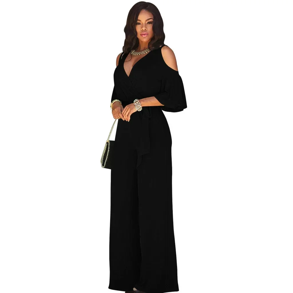 

Women's Fashion European and American Wide Leg Pants Including Belt Ladies Solid Color Short Sleeve Long Jumpsuit