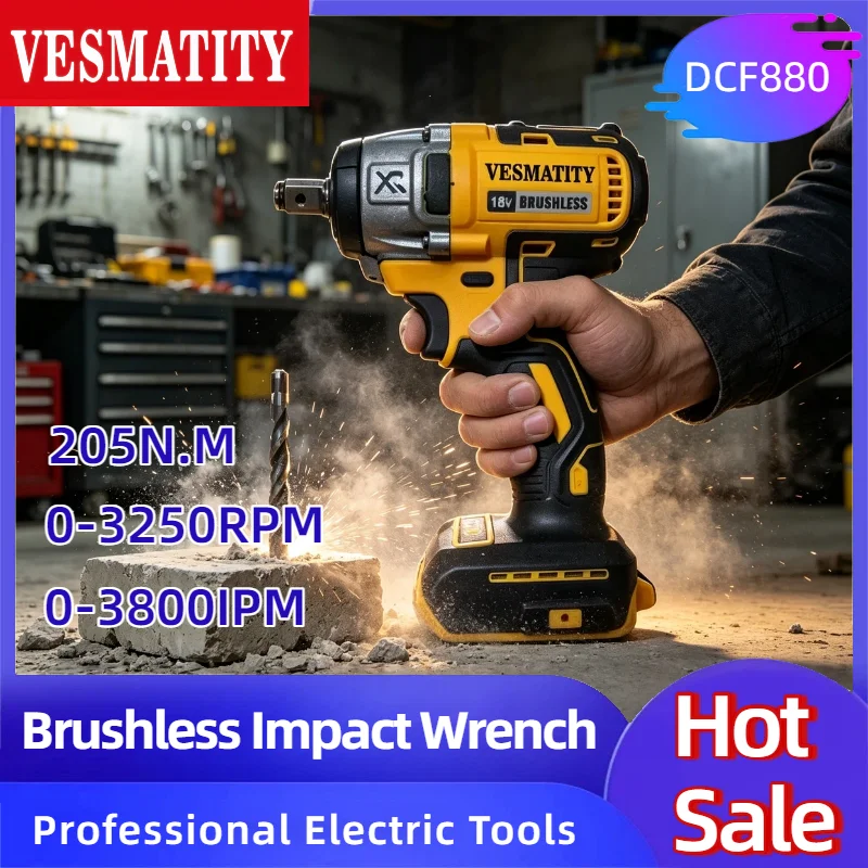 Vesmatity DCF880 205N.m Brushless Cordless Impact Driver 3250RPM 3800IPM Multifunctional Electric Drill for DeWALT Battery
