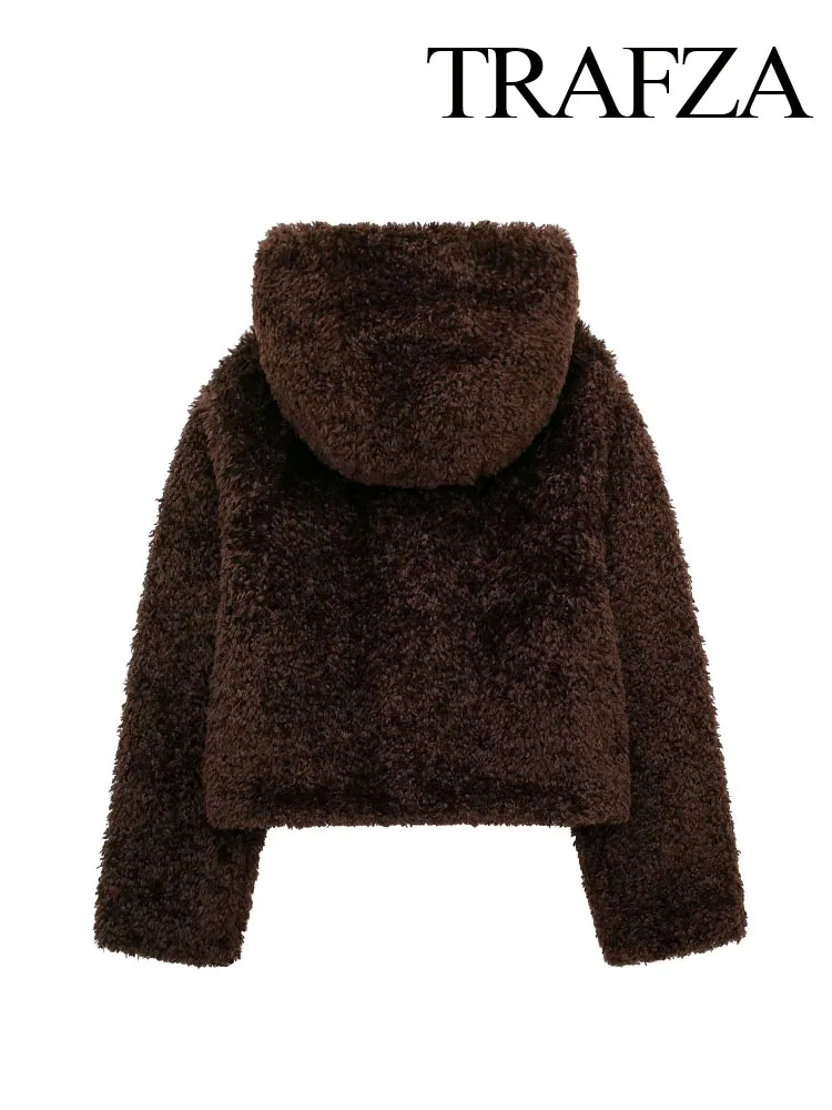 TRAFZA inverno moda donna cappotti corti marrone scuro con cappuccio manica lunga monopetto femminile Casual cappotto caldo soprabito spesso