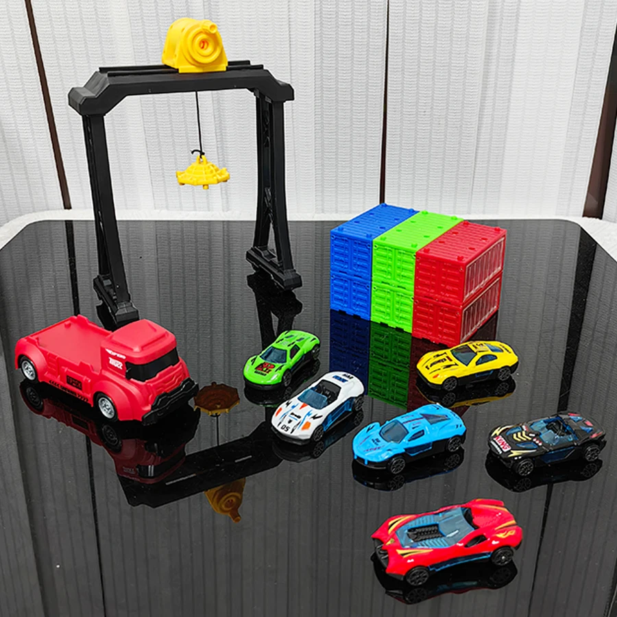 Transportvoertuig voor jongenscontainers, gecombineerd met portaalkraan+container+auto, ideaal verjaardagscadeau voor kinderen