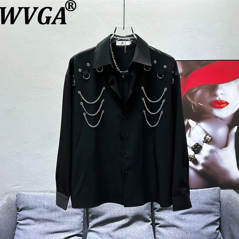

WVGA Spring Autumn New Men Tide Metal Chain Decorated Long Sleeved Shirts Niche Chic Casual Turn-Down Collar Tops Ins Y2K W16600