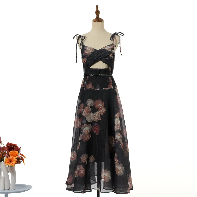 

Vaion Wear Long Silk Linen Knot Waist Hollow out Design Diamond Embellied Strapl Dr High Waist Street Sle Casual