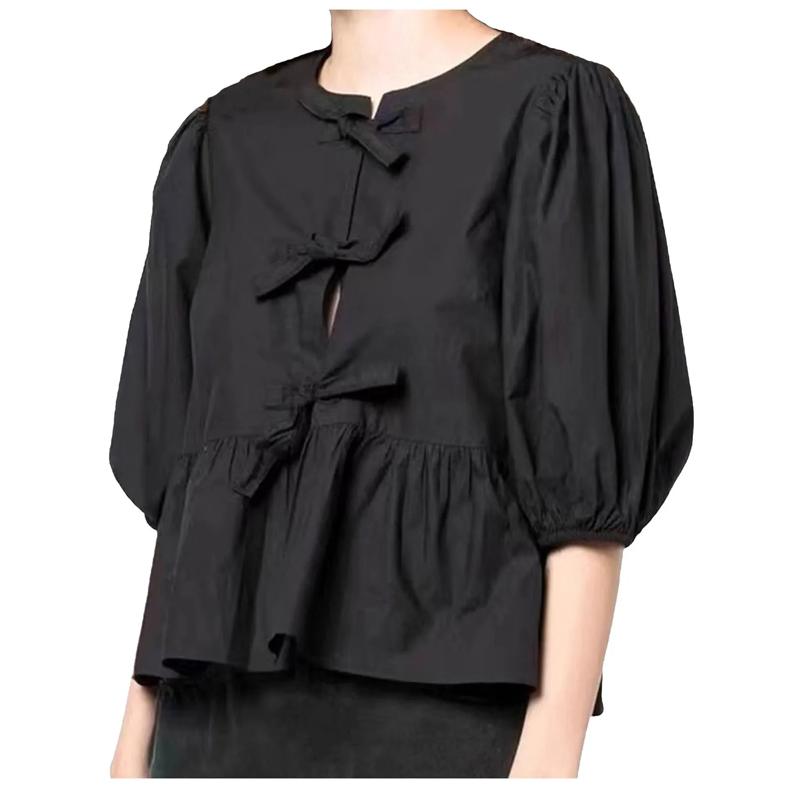 Women\'s Shirt 2024 New Fashion Front Hollow Bow Tie Ruffle Hem Shirt Top Solid Colour Loose Bubble Short Sleeve Blouse Shirt