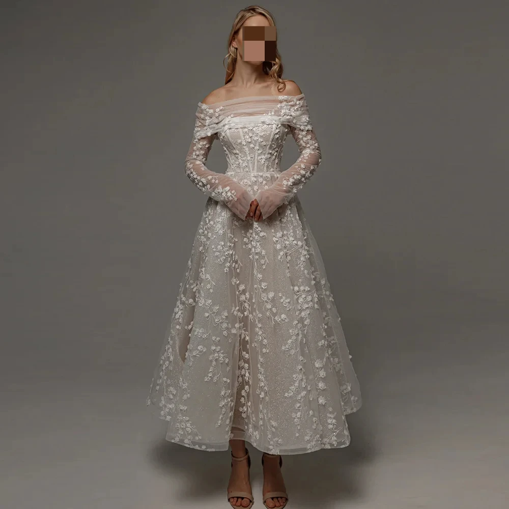 Elegant Sweetheart Collar Tulle Shiny Wedding Gown with Lace A-line Ankle-Length Wedding Bridesmaid Dress Backless Customized
