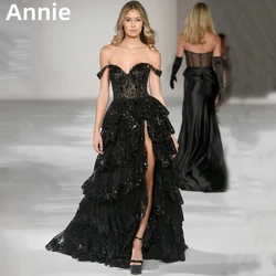 Annie Black Appliqué Sequins Prom Dresses Luxurious Lace Multiple Layers Evening Dress Vestidos De Noche Side Slit Party Dress