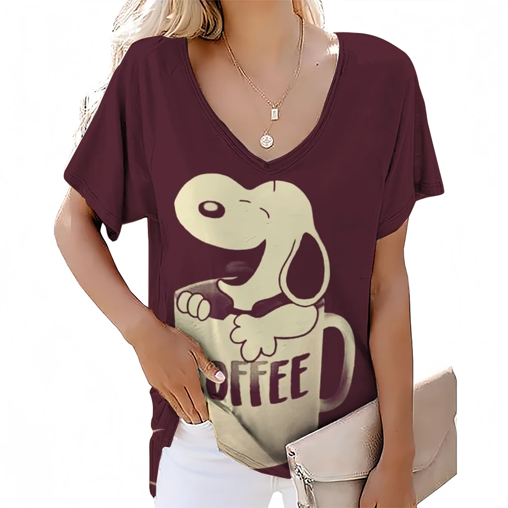 2024 Top Women Snoopy print Women's T-Shirt Oversized T-Shirt Summer Women Clothing Cartoon V-neck T-shirts Female Fashion