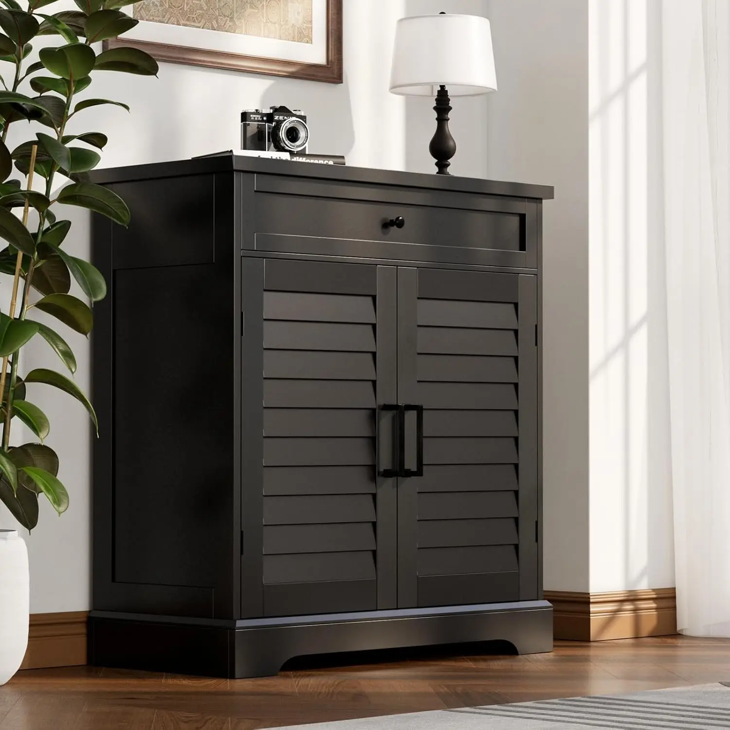 

4-layer Shoe Cabinet with Door, Drawers and Shelves, Entrance Wooden Shoe Rack Storage