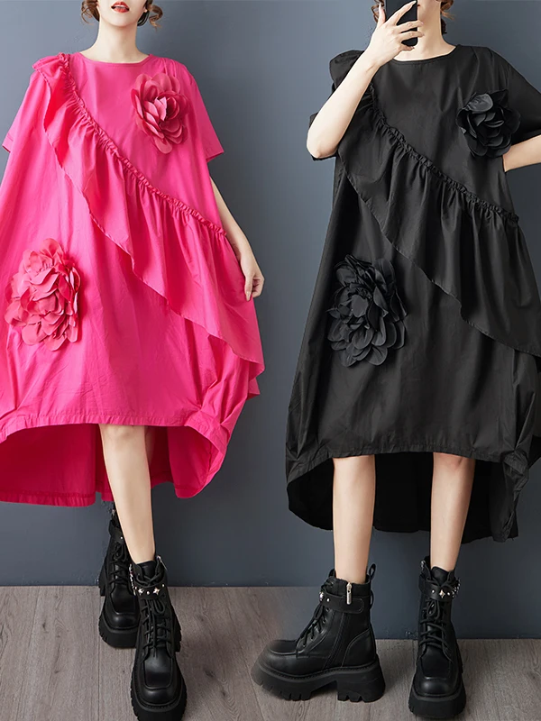 กระโปรงทรงเอเอวสูงลายดอกไม้ลูกไม้ชายระบายแบบอสมมาตรแฟชั่นสำหรับผู้หญิงไซส์ใหญ่ช่วงฤดูร้อน