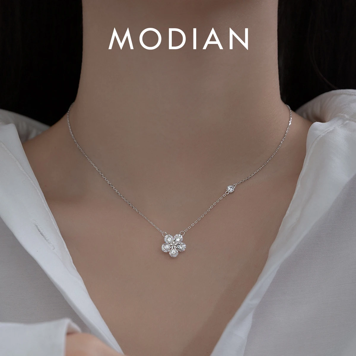 MODIAN 여성용 925 스털링 실버 매력적인 플라워 CZ 펜던트 목걸이, 럭셔리 넥 체인, 웨딩 파인 주얼리 