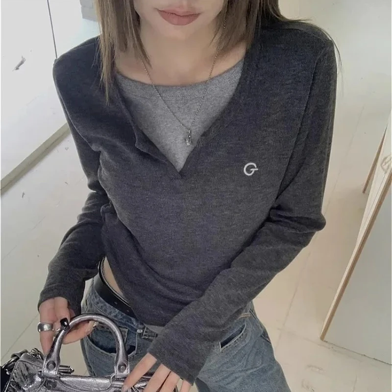 Camiseta corta de manga larga para mujer, moda coreana, cuello redondo, ropa informal de encaje, detalle de lazo, Top coqueta estético Vintage