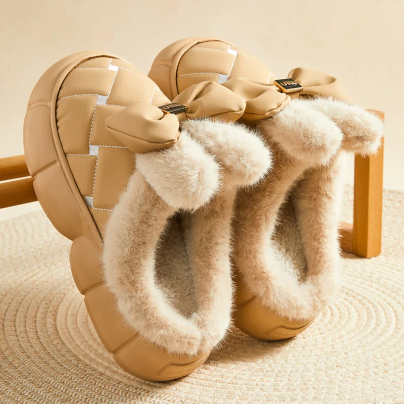 Thick Platform Waterproof Cotton Slipper Women Winter Warm Plush Slippers Fashion Bow Half Wrap Heel Lined Furry House Slides