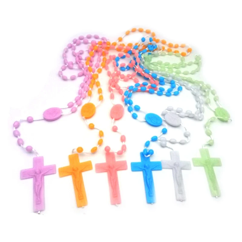 Plastic Cross Pendant Wired Rosary Necklace Multi-color Mixed Gift For Men Women 12pcs/Lot