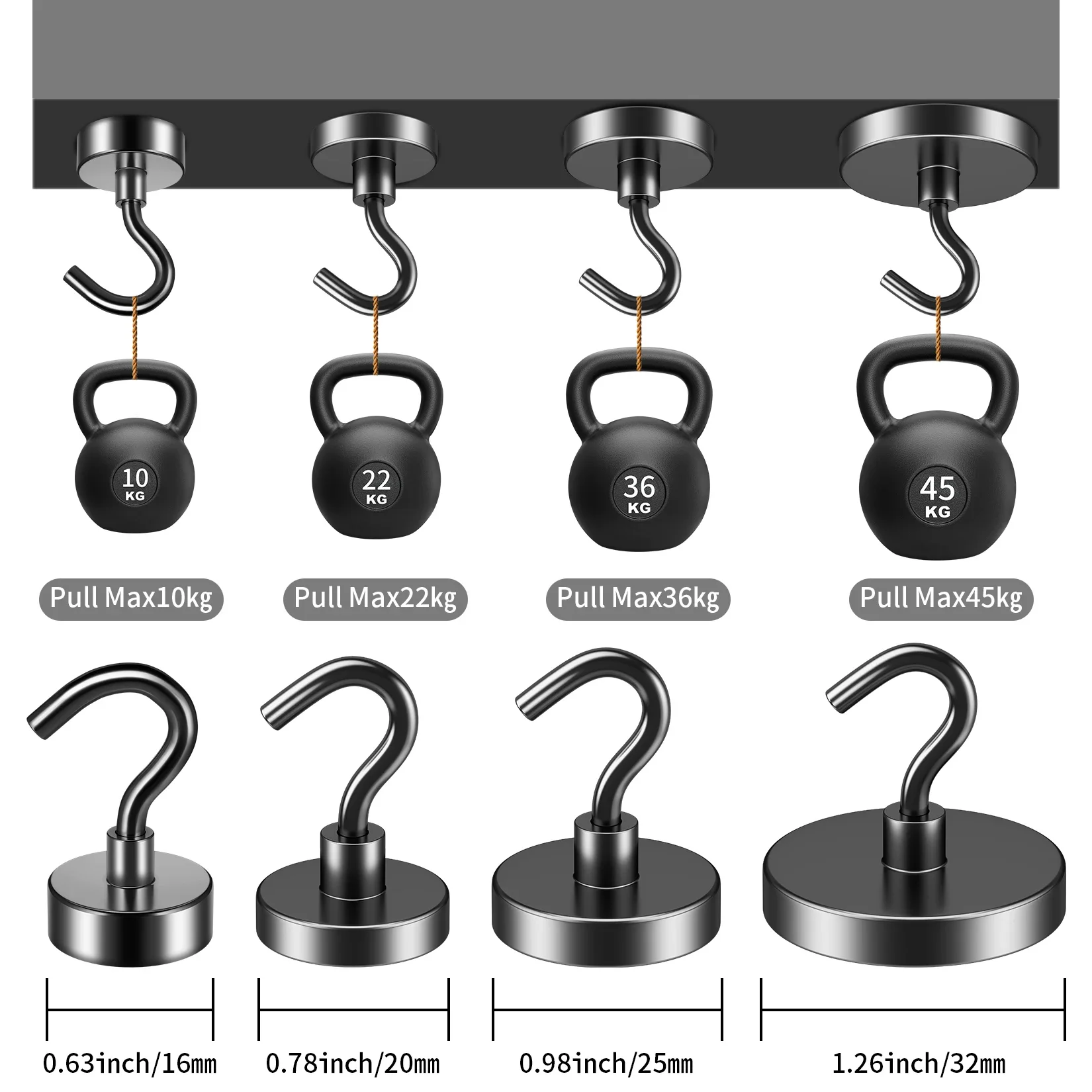 Magnetische Haken für schwere Lasten zum Aufhängen, Magnet mit Haken für Zuhause, Küche, Arbeitsplatz, Büro (Schwarz, 4/6/8/12 Stück)