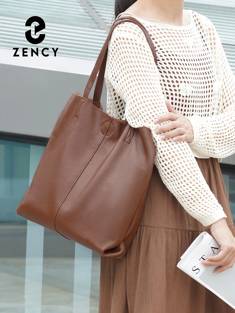 Zency 100 % echtes Leder Handtasche große Kapazität Damen Umhängetasche Retro Tote Geldbörse Einkaufstaschen Verbundtasche Naturleder