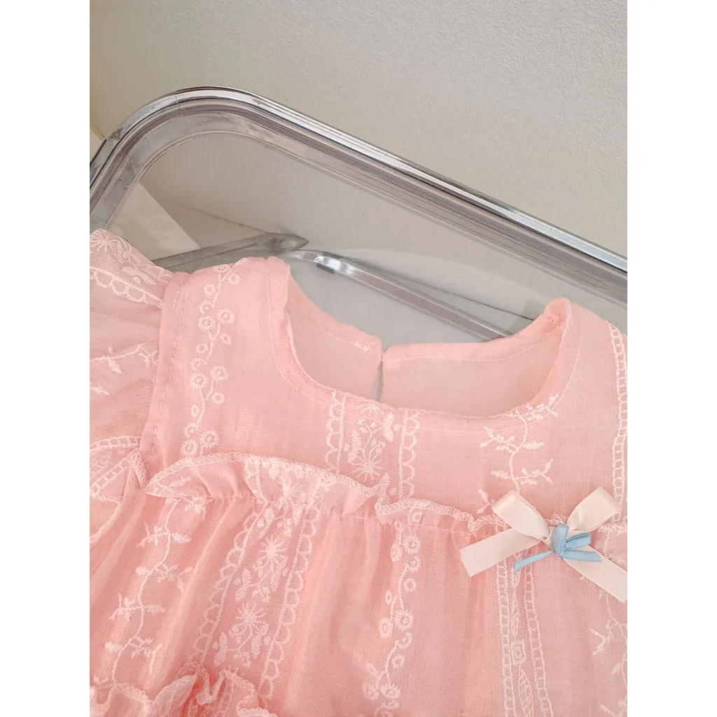 Korean Version Summer 1-3 Year Old Baby Girl Printed Round Neck Flying Sleeve Butterfly Bow Princess Dress for Birthday Party 5