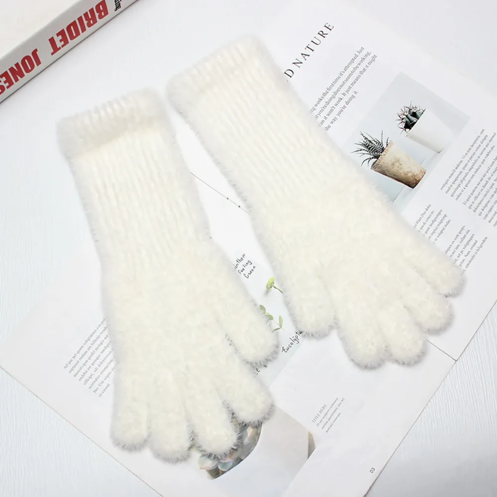 Guantes de piel sintética para pantalla táctil para mujer, manoplas cálidas de punto de felpa a prueba de viento, lana, largas, Invierno