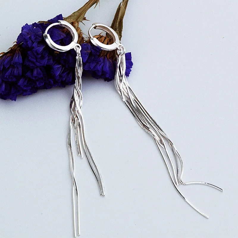 

999 Women Tassel Minimalist Style Long Pendant Silver Multi-Thread Earrings