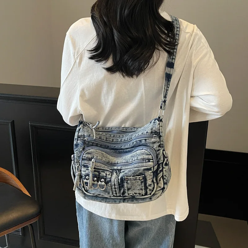 

Винтажная джинсовая сумка через плечо для женщин, мягкая тканевая повседневная сумка-кроссбоди на молнии, градиентный цвет в стиле ковбойской моды