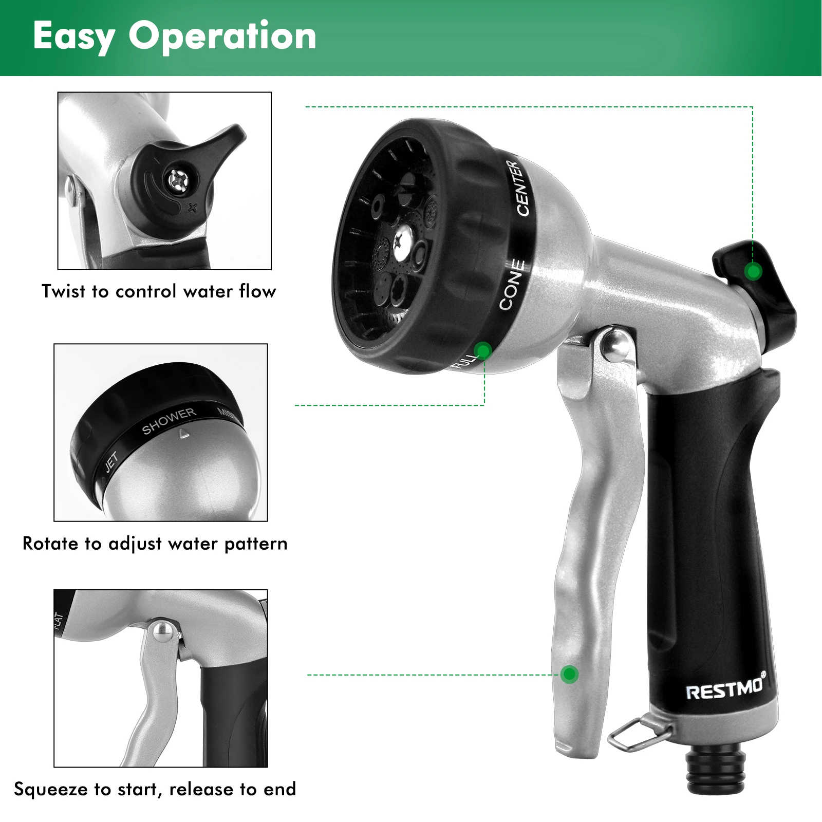 High Pressure Metal Water Nozzle Sprayer with 7 Spray Patterns Heavy Duty Garden Water Gun for Watering Plants Washing Cars&Pets