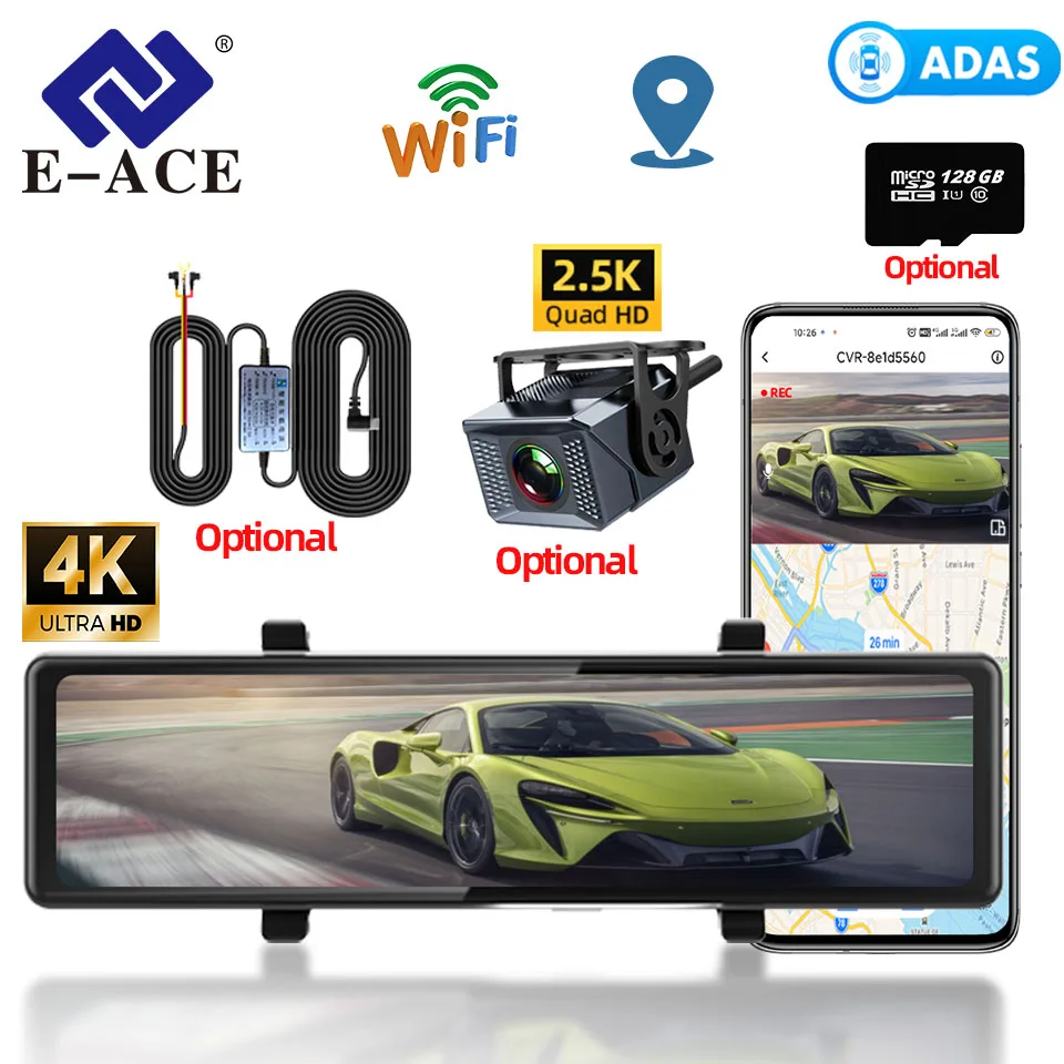

E-ACE12" 4K 2160P Car Dvr Smart Parking Assistance Dash Cam GPS WIFI Stream Optional 2.5K Rear View Mirror Dashcam Dvrs Camera